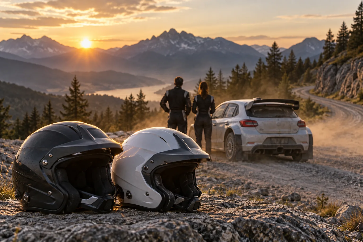Deux silhouettes non identifiables vues de dos se tiennent près d’une voiture de rallye générique et de deux casques.
