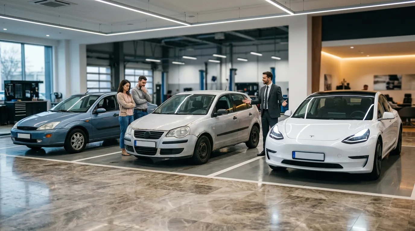 Trois véhicules de générations différentes sont exposés dans un showroom automobile.